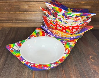 Microwavable Bowl Cozy, Rainbow Fabrics, Reversible, Hot or Cold, Ice Cream Bowl, Soup Bowl, Handmade