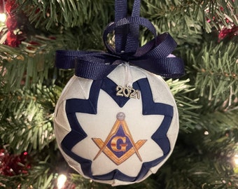 Masonic Square & Compass Quilted Fabric Christmas Ornament, 2021, 2022 Charm, Fabric Ornaments, Ball Ornament