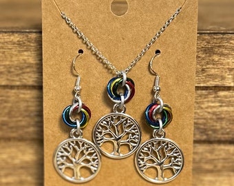 OES Tree of Life Necklace & Earrings Set, Eastern Star Jewelry, Silvertone