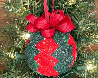 Only 1! Red & Green Sparkle Fabric Handmade Quilted Ornament, Ball Ornaments