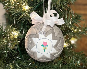 Grams Bear Quilted Fabric Christmas Ornament, 2023 Charm, Fabric Ornaments, Care Bear Inspired, Belly Badge, Tummy Symbol,