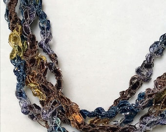 New! Midnight Mesa - Hand Crocheted Necklace, Lightweight Crochet Jewelry, Adjustable Necklace, Blue Denim, Brown, Sparkle, Handmade