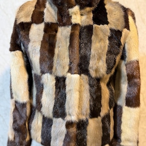 Vintage Genuine Ranch Mink Fur Jacket Coat Brown Ivory Patchwork Women’s Chest 41”