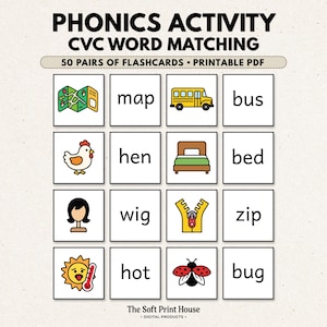 May include: Phonics activity CVC word matching printable PDF with 50 pairs of flashcards. The grid displays illustrations of a map, bus, hen, bed, wig, zipper, sun with thermometer, and ladybug next to their corresponding words.