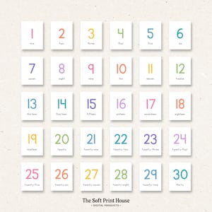Op de afbeelding: Een raster van dertig witte rechthoekige kaarten, elk met een groot kleurrijk cijfer van één tot dertig en het bijbehorende woord in een eenvoudig zwart lettertype eronder. De tekst The Soft Print House Digital Products staat onderaan.