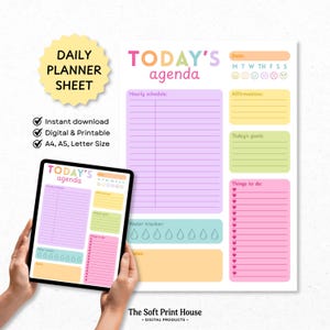 May include: A daily planner sheet featuring a colorful layout with sections for an hourly schedule, affirmations, goals, a to-do list with heart icons, a water tracker with droplet icons, and notes, displayed on a tablet and a printed page.