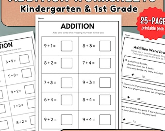 25 Printable Addition Worksheets (Numbers 1–20) for Kindergarten–1st Grade Math | Single Digit Addition & Word Problems | Fill in the Blanks