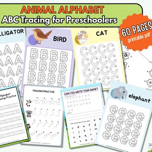 May include: A set of printable educational resources for preschoolers, focusing on animal-themed alphabet tracing. Includes examples for alligator, bird, cat, and elephant, along with tracing practice. The pack contains 60 pages.