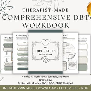Può includere: Un completo quaderno di lavoro DBT con il testo "My DBT Skills Workbook" e "Therapist-Made". La copertina presenta un cuore e un cervello. Il quaderno include dispense, fogli di lavoro e diari. L'immagine include anche il testo "90+ pagine di contenuto!"