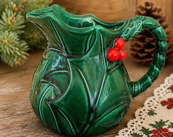 Vintage French Pottery Pitcher Green Holly Berry Jug Le Potier France Ceramic Creamer Christmas Decor Cottagecore Kitchen