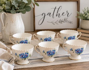 Vintage Sango China Teacups Set of 6 Blue Cornflower Floral Cups Made in Japan Farmhouse Romantic     Cottagecore English Cottage Grannycore
