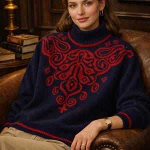 May include: Navy blue sweater with a red paisley design on the chest and upper sleeves. The sweater has a turtleneck and red stripes on the cuffs. The model is wearing a gold watch and sitting in a brown leather chair.