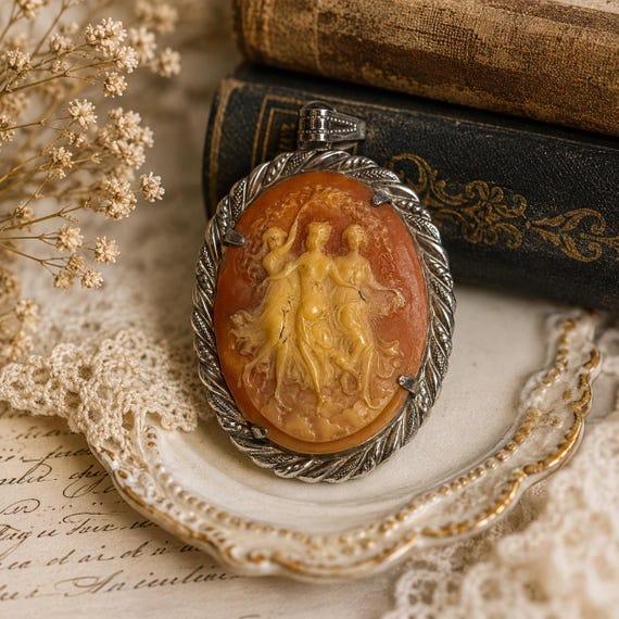 Vintage Three Graces Cameo Pendant  Coral Orange Resin Cameo Silver Tone Leaf Frame Cottagecore Victorian Revival Regency Grandmillennial