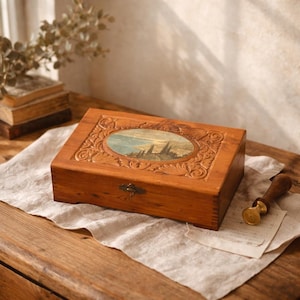 Vintage Carved Wood Keepsake Box with Scenic Inlay | Rustic Memory Box | Ornate Wooden Storage Chest | Gift Under 50