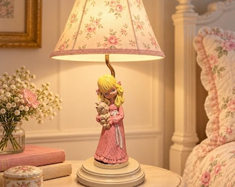 Vintage Big Eye Girl Holding Puppy Ceramic Table Lamp Pink Dress Tested Works