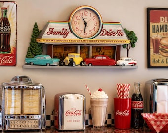 Vintage 1988 Burwood Family Drive-In Wall Clock Working Retro 1950s     Americana Eclectic Nostalgic Man Cave Game Room