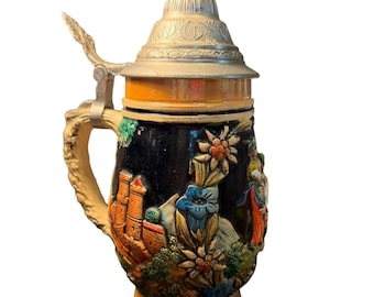 Vintage German Beer Stein Hand Painted Pewter Pewter Lid Cottage Decor Rustic