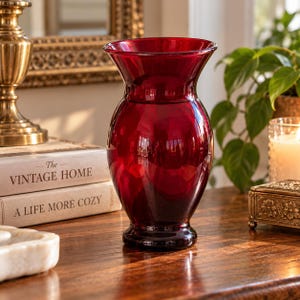 May include: A deep red glass vase with a rounded body, a narrow neck, and a flared rim. The vase features a smooth, translucent surface that reflects light, standing upright with a circular base. The glass is uniform in color throughout the piece.