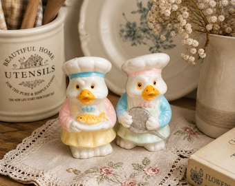 Vintage Duck Chef Salt and Pepper Shakers Cottagecore Kitchen Decor Farmhouse Goose Figurines Retro Ceramic Set