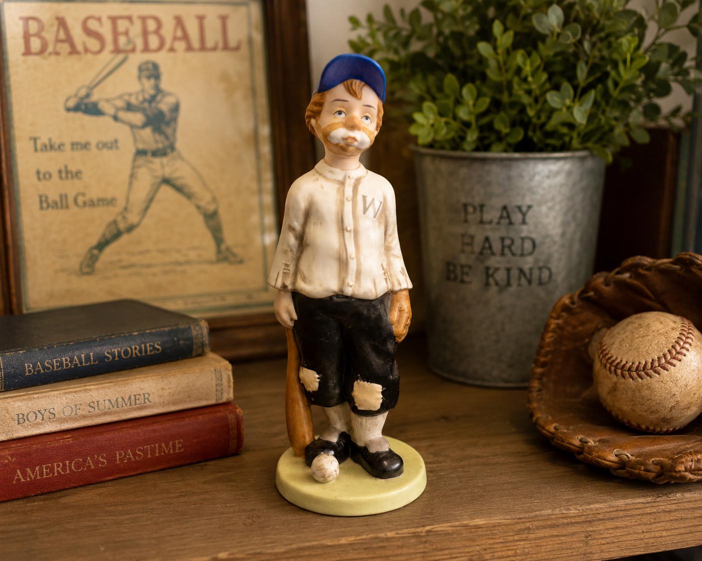 Vintage Baseball Boy Figurine Willie the Baseball Player Porcelain Collectible Melody In Motion Americana Folk Art Style Nostalgic Decor