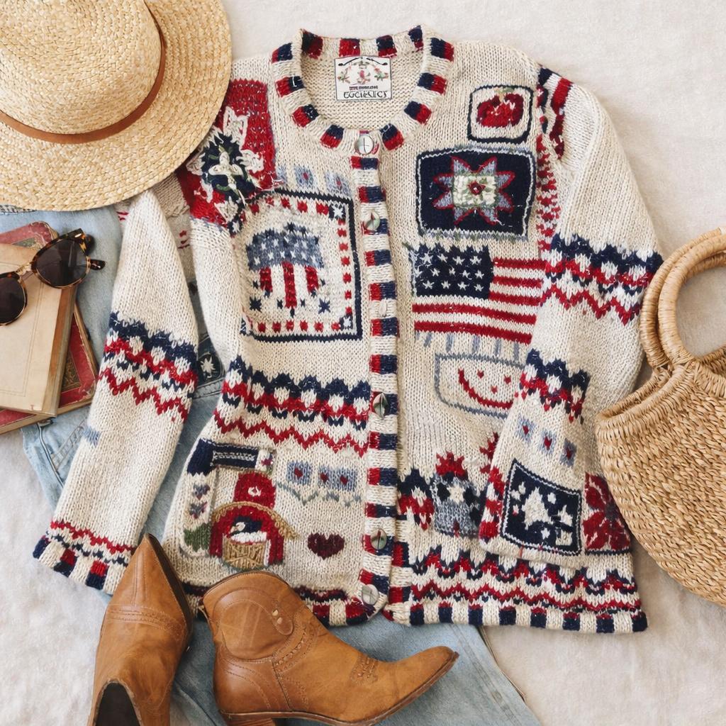 Vintage Americana Flag Cardigan Sweater Medium Patriotic Ramie Cotton Knit Teacher Cottagecore Fourth of July