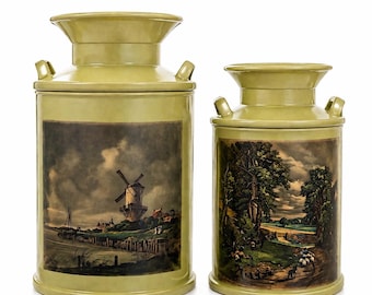 Vintage Green Enamel Canister Set Currier and Ives Style Windmill Countryside Farmhouse Kitchen Decor Cottagecore Storage