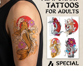 Autocollants Faux Tatouage Temporaire étanche - Motifs Poissons, Fleurs - Noir - Neuf