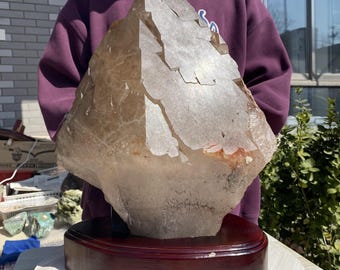 Large Natural Elestial Smoky Quartz Specimen, Raw Crystal for Home Decor & Spiritual Growth +Stand