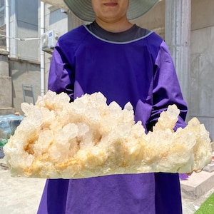 以下が含まれることがあります： クリームホワイトとライトイエローの大きな生の水晶クラスター。結晶の形成には、多くの尖った先端と粗い質感があります。紫色のシャツを着た人が水晶を持っています。