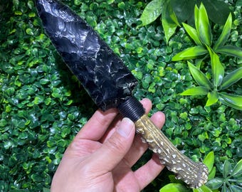 10 inch Handcrafted Black Obsidian Dagger | Ornate Decorative Weapon Sculpture | Crystal Reki Display Carving