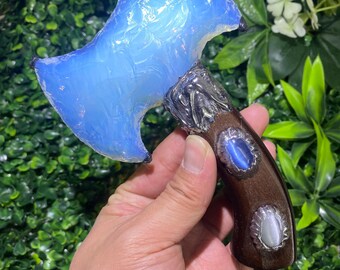 6.3 inch Handcrafted Blue Opal Hatchet | Ornate Decorative Weapon Sculpture | Crystal Reki Display Carving