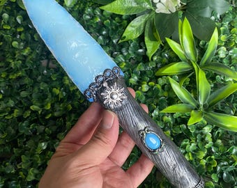 10.7 inch Handcrafted Blue Opal Dagger | Ornate Decorative Weapon Sculpture | Crystal Display Carving