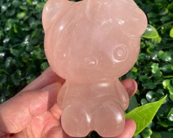 9.5cm Natural Rose Quartz Hello Kitty Crystal Carvings Ornament Healing Gifts