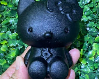 10cm Natural Black Obsidian Hello Kitty Crystal Carvings Ornament Healing Gifts