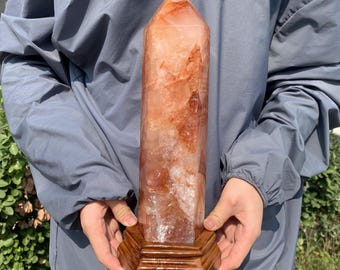 6.5LB Natural Large Fire Quartz Tower Point Crystal Ornament Healing Home Decor+Stand