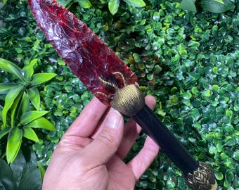 10.8 inch Red Glass Liuli Dagger Figurine - Ornate Decorative Weapon Sculpture | Handcrafted Crystal Knife
