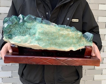 Large Natural Green Fluorite Specimen Mineral Crystal Energy Cube Quartz Healing Home Decor +Stand