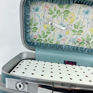 Vintage Samsonite Train Case Charging Station with Fabric Covered Cork Board image 1