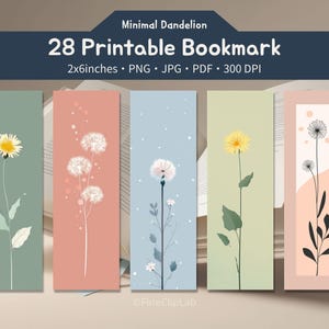 Puede incluir: Conjunto de cinco marcapáginas imprimibles, cada uno con un diseño minimalista de diente de león. Los marcapáginas miden 5 x 15 cm y presentan varios colores pastel, como verde, rosa y azul. El texto "28 Printable Bookmark" se muestra en la parte superior.