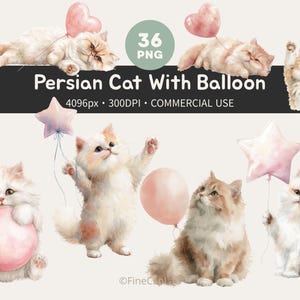 Persian Cat Clipart: Watercolor Kitten PNG Bundle with Pink Balloons (Commercial Use)