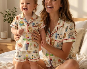 Conjunto de pijamas de vacaciones italianas, pijamas a juego para mamá e hijos, ropa de dormir de verano inspirada en Italia, bonito conjunto de descanso con estampado de comida para mamá e hijos.