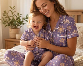 Verstrickte inspirierte kurze Satin-Pyjama-Sets, Mama und Kinder Passende PJs, Prinzessin Lounge Set, süße Sonnen- und Blumen-Nachtwäsche