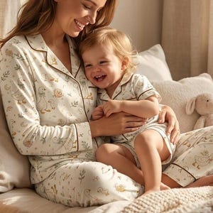 May include: Matching cream-colored pajama sets with a duck and floral print. The adult set has long sleeves and pants, while the child's set has short sleeves and shorts. Both sets have brown trim. A plush bunny toy is in the background.