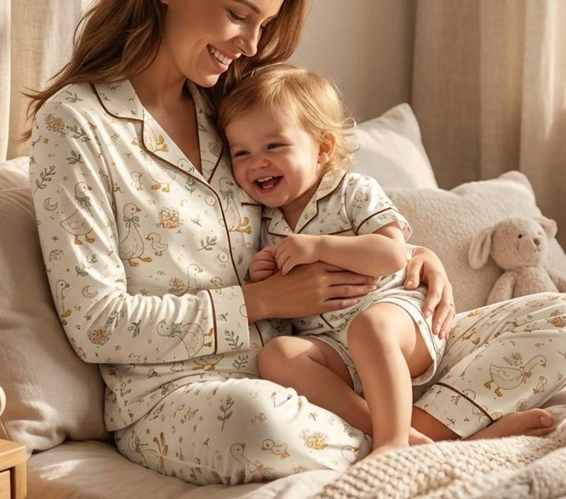 May include: Matching cream-colored pajama sets with a duck and floral print. The adult set has long sleeves and pants, while the child's set has short sleeves and shorts. Both sets have brown trim. A plush bunny toy is in the background.