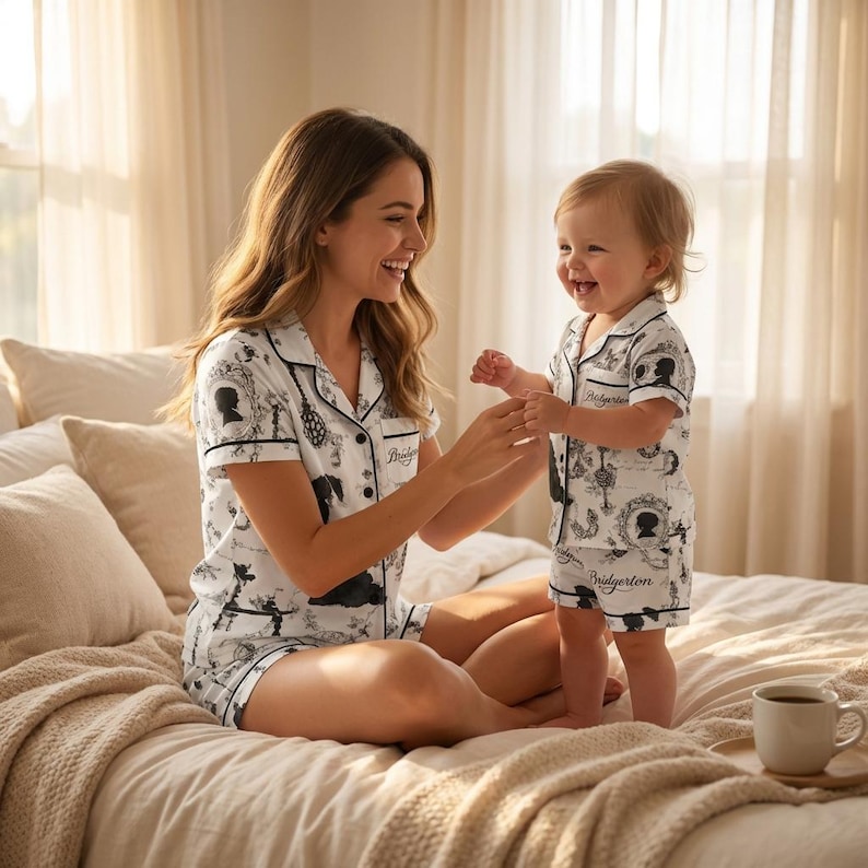 Op de afbeelding: Bijpassende witte pyjamasets met zwarte silhouet- en bloemmotieven. De sets bevatten een overhemd met korte mouwen en een korte broek. Het woord "Bridgerton" staat op de borstzak en de korte broek.
