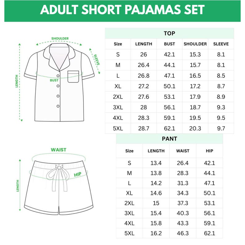 K&ouml;nnte beinhalten: Diagramm eines kurzen Pyjama-Sets f&uuml;r Erwachsene, einschlie&szlig;lich Oberteil und Shorts. Das Oberteil hat einen Kragen, Kn&ouml;pfe und eine Brusttasche. Die Shorts haben einen Kordelzug in der Taille. Gr&ouml;&szlig;entabellen f&uuml;r Oberteil und Hose sind enthalten, mit Ma&szlig;en in cm.