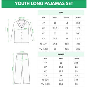 K&ouml;nnte beinhalten: Abbildung eines langen Kinder-Pyjama-Sets mit Oberteil und Hose. Das Oberteil hat einen Kragen und Kn&ouml;pfe. Die Gr&ouml;&szlig;entabelle zeigt Ma&szlig;e f&uuml;r Brust, L&auml;nge und &Auml;rmel f&uuml;r verschiedene Gr&ouml;&szlig;en, einschlie&szlig;lich 4Y, 6Y, 8Y, 10Y, YS (12Y) und YM (14Y).