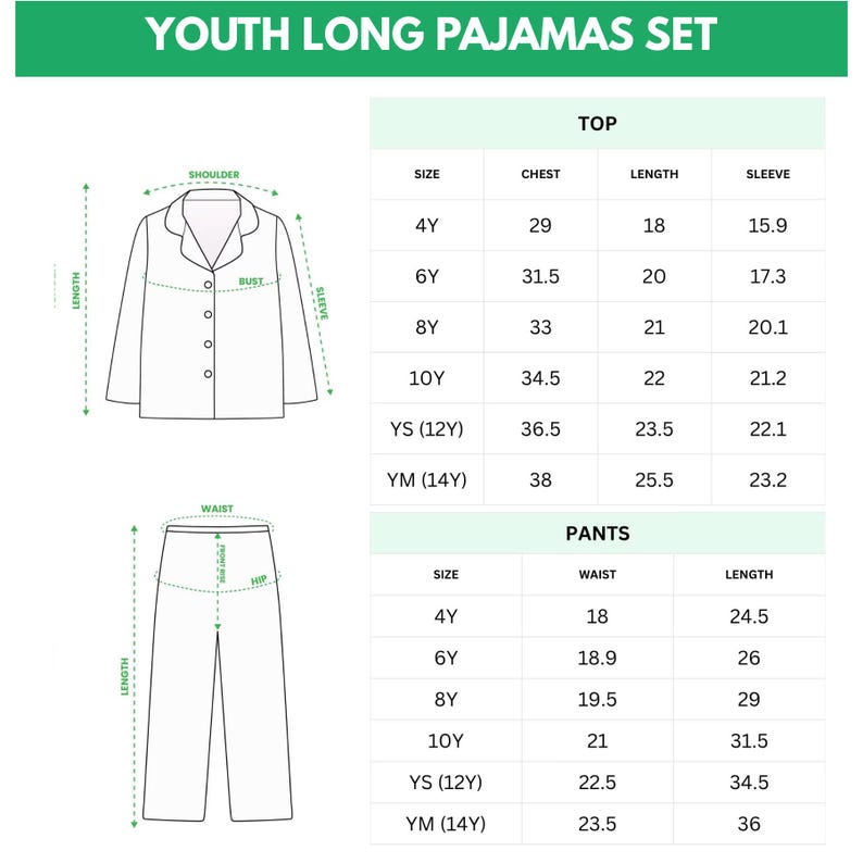 K&ouml;nnte beinhalten: Abbildung eines langen Kinder-Pyjama-Sets mit Oberteil und Hose. Das Oberteil hat einen Kragen und Kn&ouml;pfe. Die Gr&ouml;&szlig;entabelle zeigt Ma&szlig;e f&uuml;r Brust, L&auml;nge und &Auml;rmel f&uuml;r verschiedene Gr&ouml;&szlig;en, einschlie&szlig;lich 4Y, 6Y, 8Y, 10Y, YS (12Y) und YM (14Y).