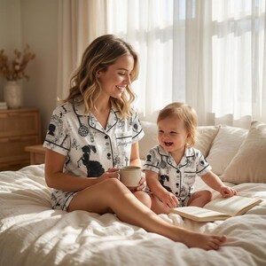 Op de afbeelding: Bijpassende witte pyjamasets met zwarte bies en een grillige print. De sets hebben een overhemd met knopen en een korte broek. De ene set wordt door een volwassene gedragen, de andere door een kind. Het woord "Bridgerton" staat op het shirt.