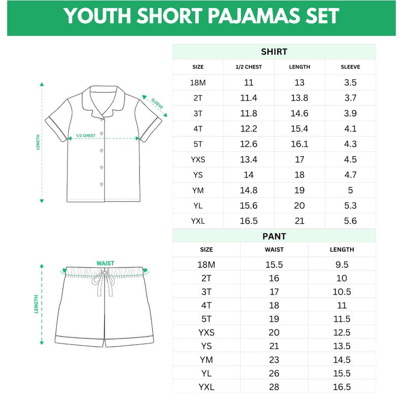 K&ouml;nnte beinhalten: Diagramm eines kurzen Kinder-Schlafanzug-Sets, einschlie&szlig;lich eines Hemdes mit Kn&ouml;pfen und Shorts. Die Hemdma&szlig;e werden f&uuml;r Brust, L&auml;nge und &Auml;rmel angegeben. Die Shorts-Ma&szlig;e umfassen Taille und L&auml;nge. Gr&ouml;&szlig;en von 18M bis YXL.